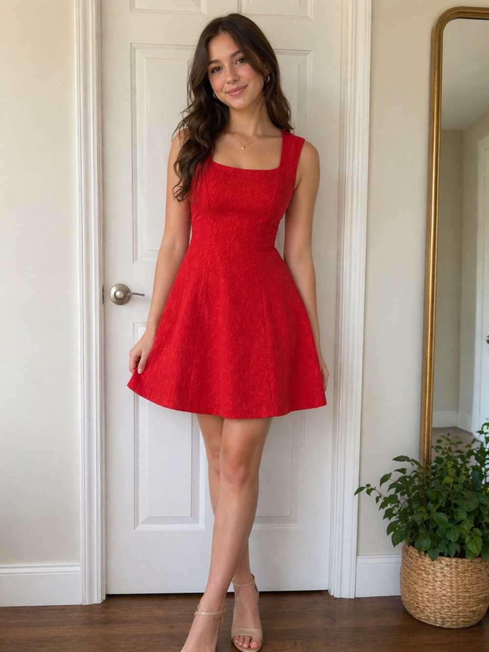 BCBG Sally Fit and Flare Scoop Neck Mini Dress in Bright Poppy Red Size 6